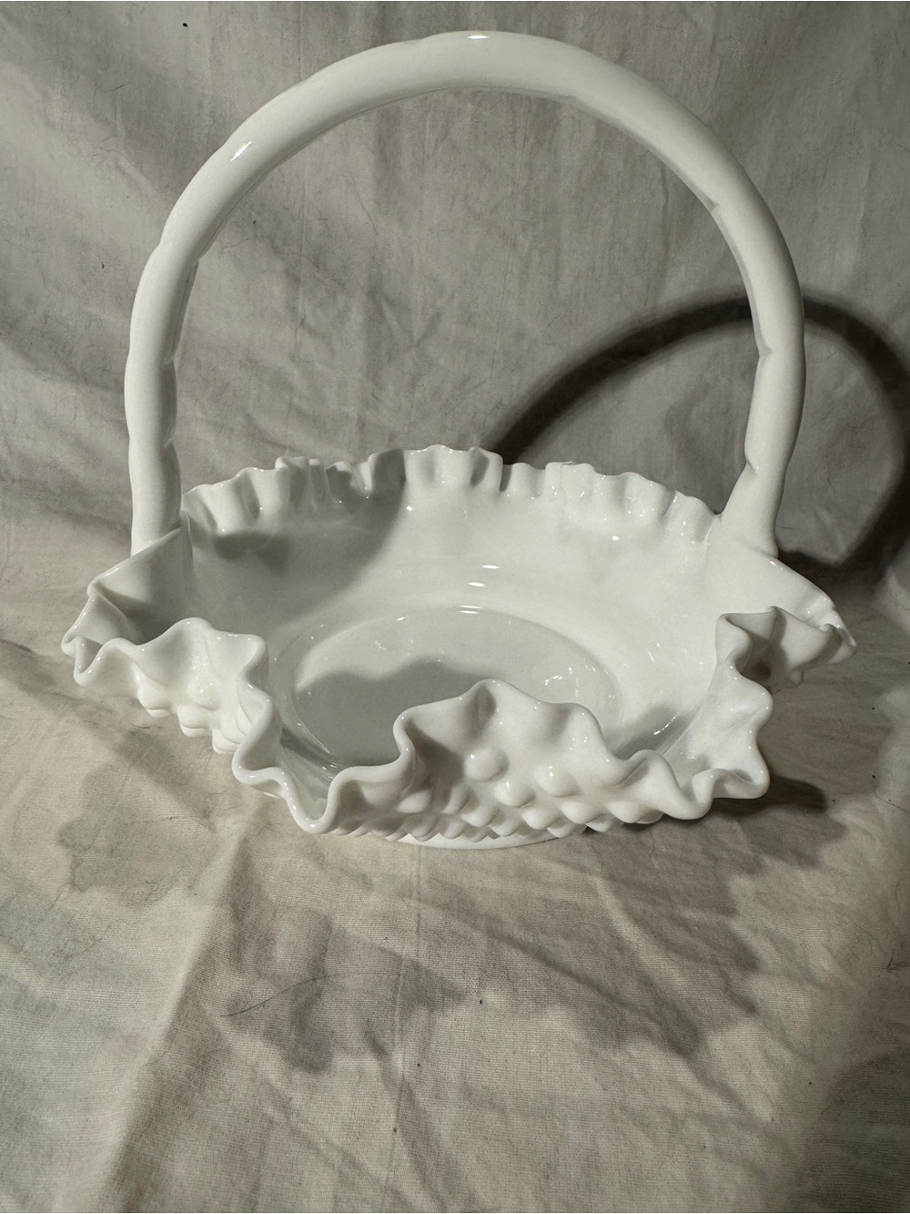 Vintage Fenton milk glass hobnail basket MCM
